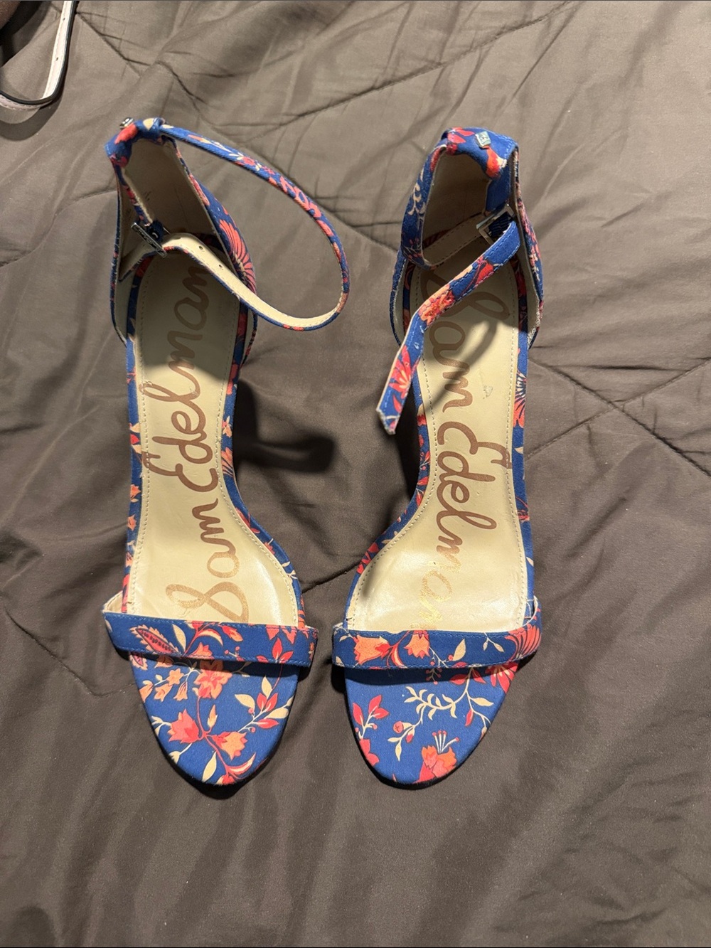 Sam Edelman Blue Floral Ankle-Strap Heels with Coral Accents